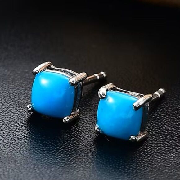Sleeping Beauty Turquoise Solitaire Sterling Silver Stud Earrings - Picture 6 of 6